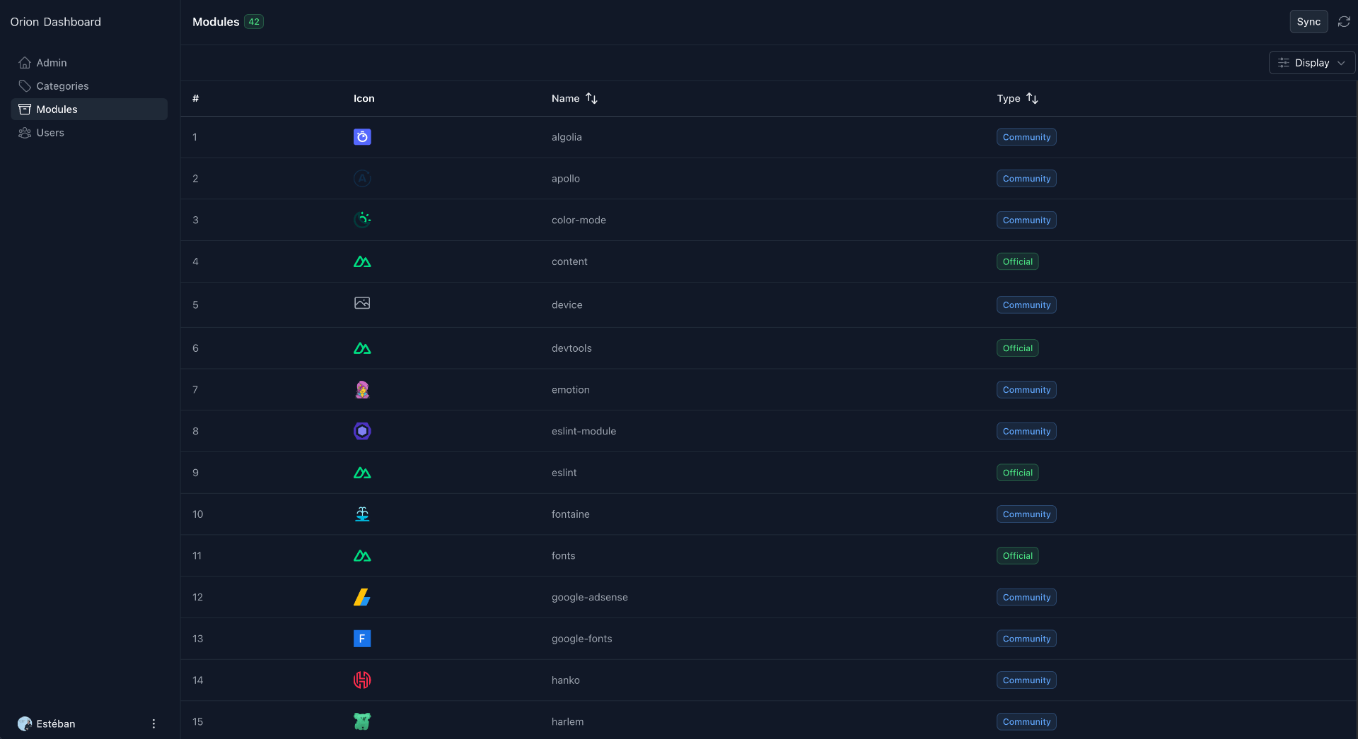 Page des Modules