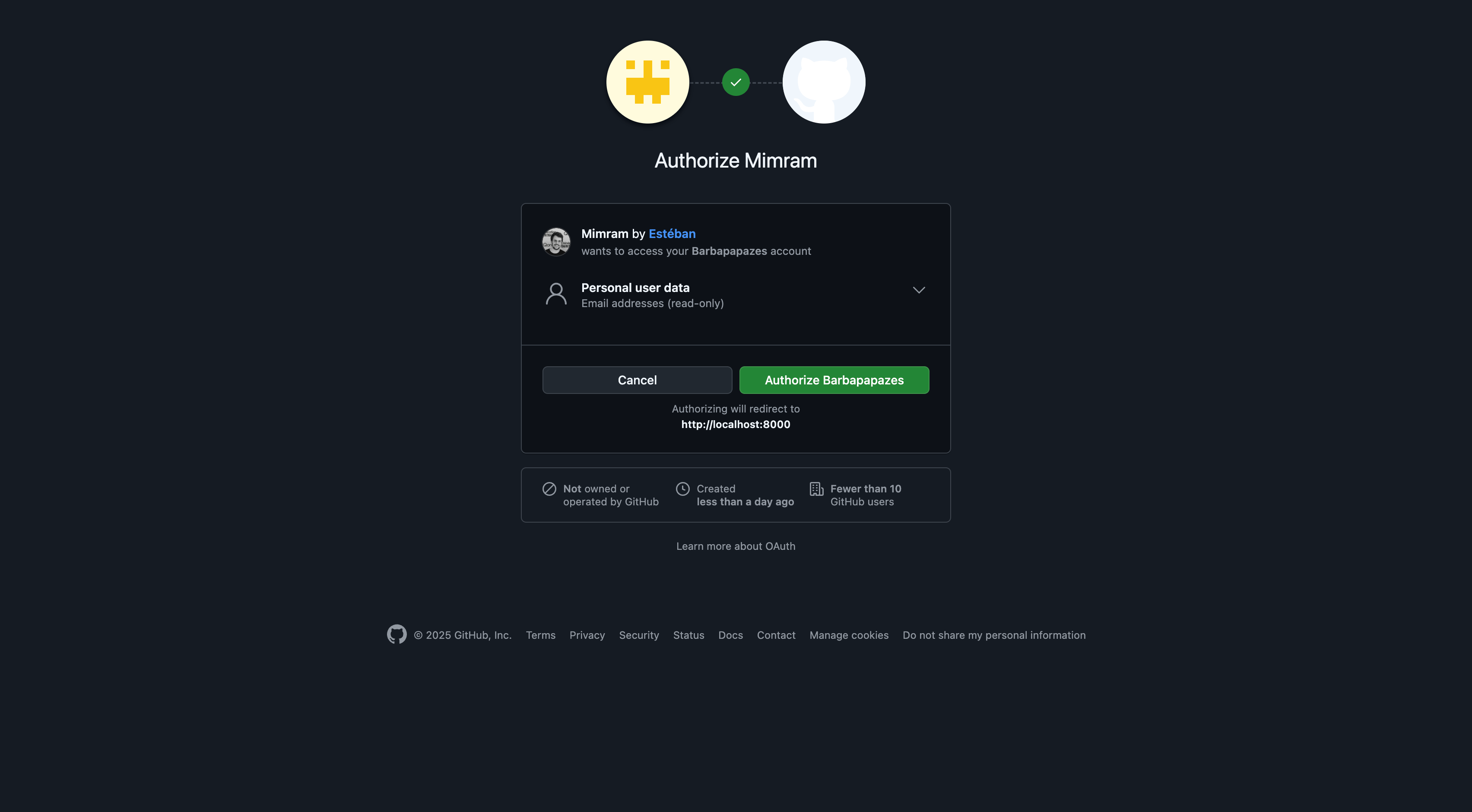 Once redirected, you should arrive on the GitHub authorization page
